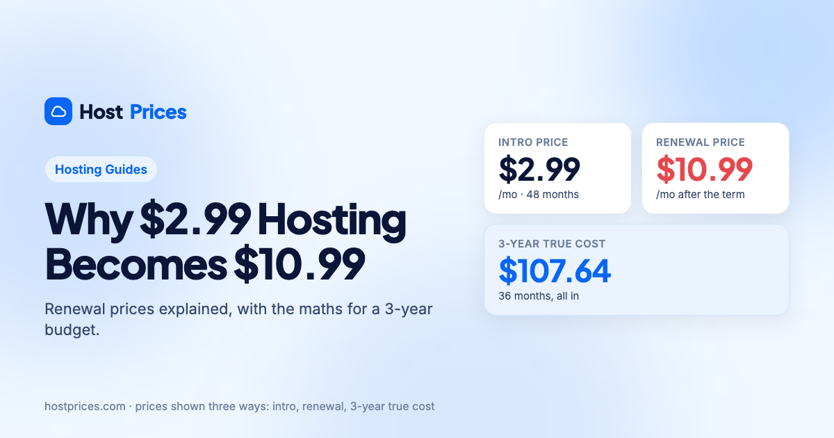 Three price cards showing a $2.99 intro price, a $10.99 renewal price and a $107.64 three-year true cost